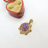 Edwardian 9ct Gold, Seed Pearl & Amethyst Floral Floral Drop Pendant c1910