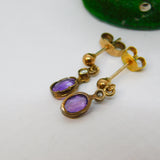 9ct Yellow Gold, Amethyst & Diamond Set Stud Drop Earrings Antique c1930