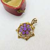 Edwardian 9ct Gold, Seed Pearl & Amethyst Floral Floral Drop Pendant c1910