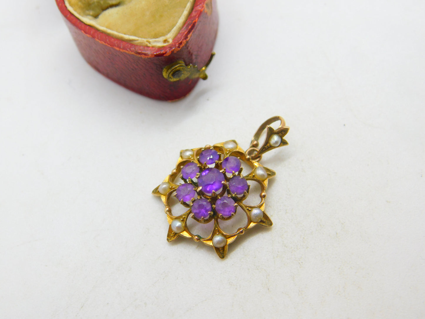 Edwardian 9ct Gold, Seed Pearl & Amethyst Floral Floral Drop Pendant c1910