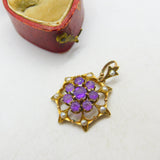 Edwardian 9ct Gold, Seed Pearl & Amethyst Floral Floral Drop Pendant c1910