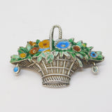 Sterling Silver Floral Enamel Cornucopia Basket Brooch Pin Antique c1940