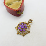 Edwardian 9ct Gold, Seed Pearl & Amethyst Floral Floral Drop Pendant c1910