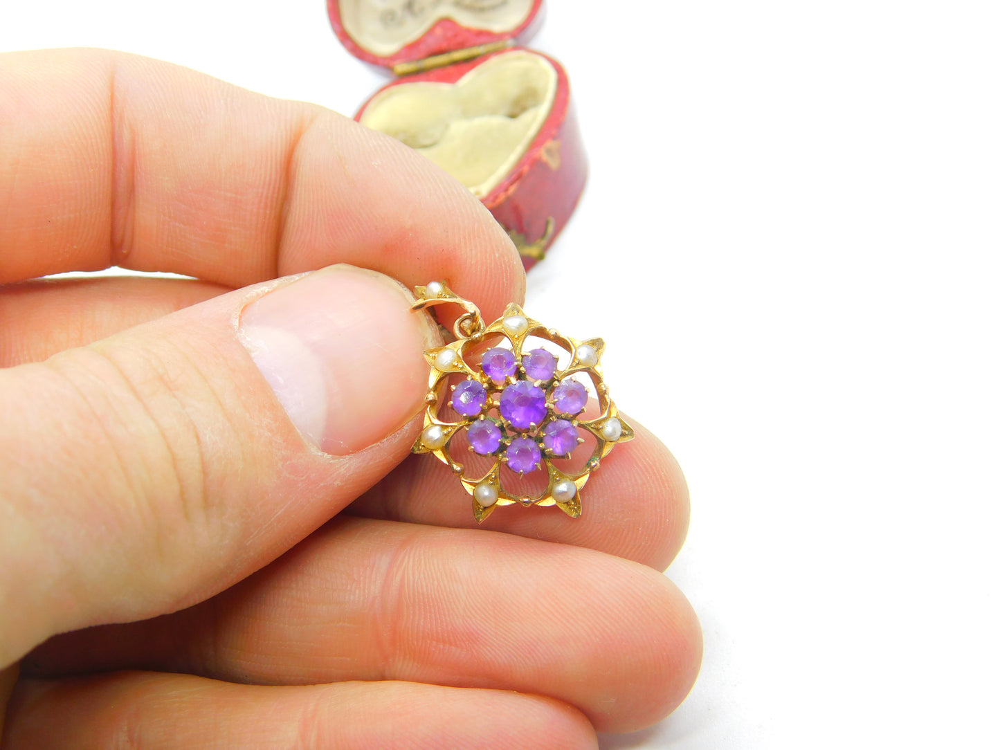 Edwardian 9ct Gold, Seed Pearl & Amethyst Floral Floral Drop Pendant c1910