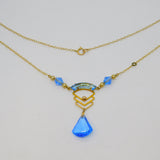 15ct Yellow Gold, Blue Glass & Pearl Lavalier Drop Necklace Antique c1930 Deco