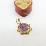 Edwardian 9ct Gold, Seed Pearl & Amethyst Floral Floral Drop Pendant c1910