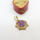 Edwardian 9ct Gold, Seed Pearl & Amethyst Floral Floral Drop Pendant c1910