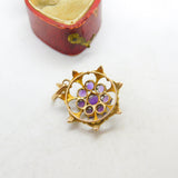 Edwardian 9ct Gold, Seed Pearl & Amethyst Floral Floral Drop Pendant c1910