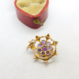 Edwardian 9ct Gold, Seed Pearl & Amethyst Floral Floral Drop Pendant c1910