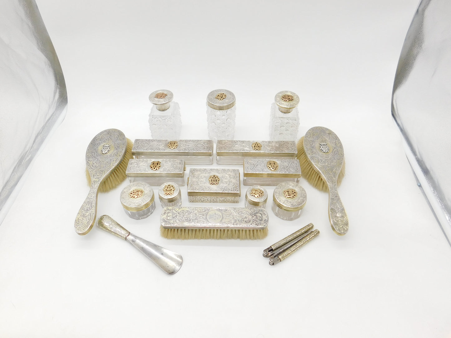 Victorian Haig Family Sterling Silver Cut Glass 17-Piece Dressing Table Set 1875 London