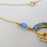 15ct Yellow Gold, Blue Glass & Pearl Lavalier Drop Necklace Antique c1930 Deco