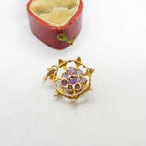 Edwardian 9ct Gold, Seed Pearl & Amethyst Floral Floral Drop Pendant c1910