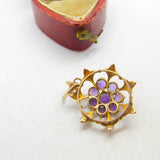 Edwardian 9ct Gold, Seed Pearl & Amethyst Floral Floral Drop Pendant c1910