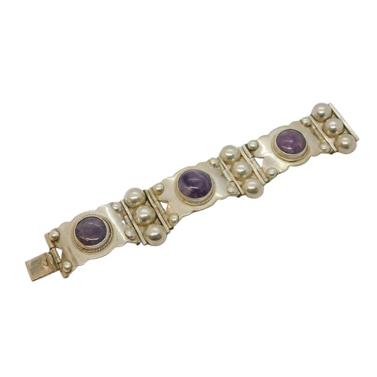 Mexican Chunky Sterling Silver Amethyst Cabochon Statement Bracelet Vintage