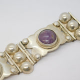 Mexican Chunky Sterling Silver Amethyst Cabochon Statement Bracelet Vintage