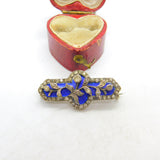 Victorian Sterling Silver, Diamond Paste & Blue Enamel Floral Brooch c1860