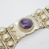 Mexican Chunky Sterling Silver Amethyst Cabochon Statement Bracelet Vintage