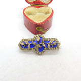 Victorian Sterling Silver, Diamond Paste & Blue Enamel Floral Brooch c1860