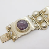 Mexican Chunky Sterling Silver Amethyst Cabochon Statement Bracelet Vintage