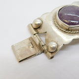 Mexican Chunky Sterling Silver Amethyst Cabochon Statement Bracelet Vintage
