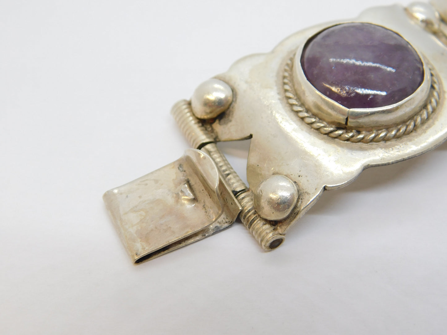 Mexican Chunky Sterling Silver Amethyst Cabochon Statement Bracelet Vintage