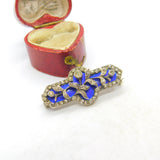 Victorian Sterling Silver, Diamond Paste & Blue Enamel Floral Brooch c1860
