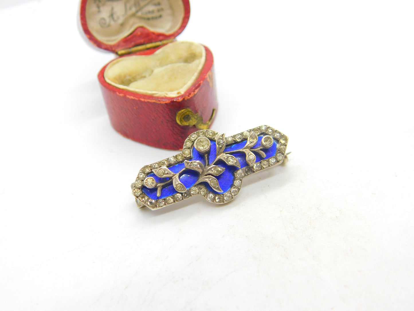 Victorian Sterling Silver, Diamond Paste & Blue Enamel Floral Brooch c1860