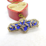 Victorian Sterling Silver, Diamond Paste & Blue Enamel Floral Brooch c1860