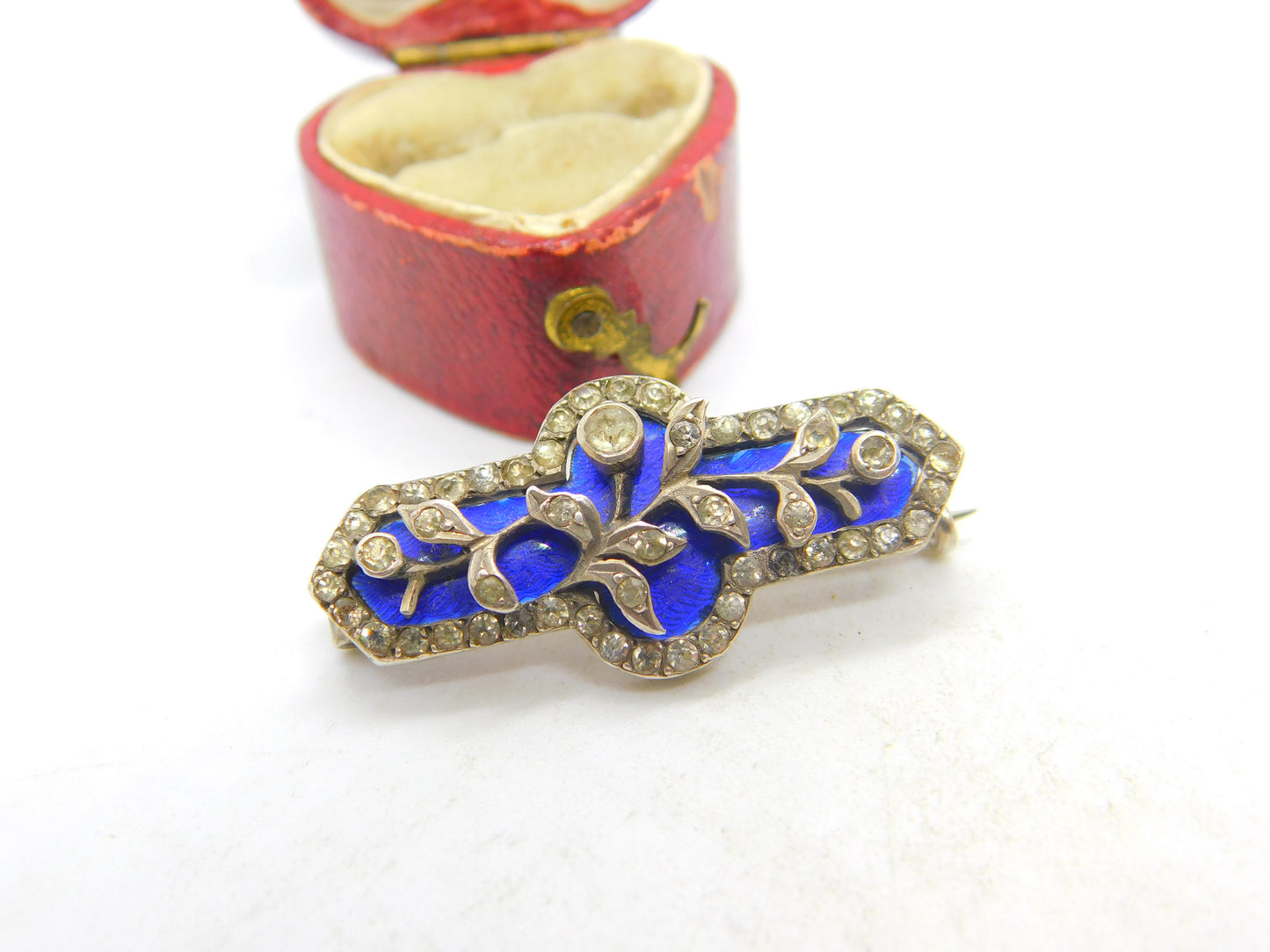 Victorian Sterling Silver, Diamond Paste & Blue Enamel Floral Brooch c1860