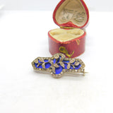 Victorian Sterling Silver, Diamond Paste & Blue Enamel Floral Brooch c1860