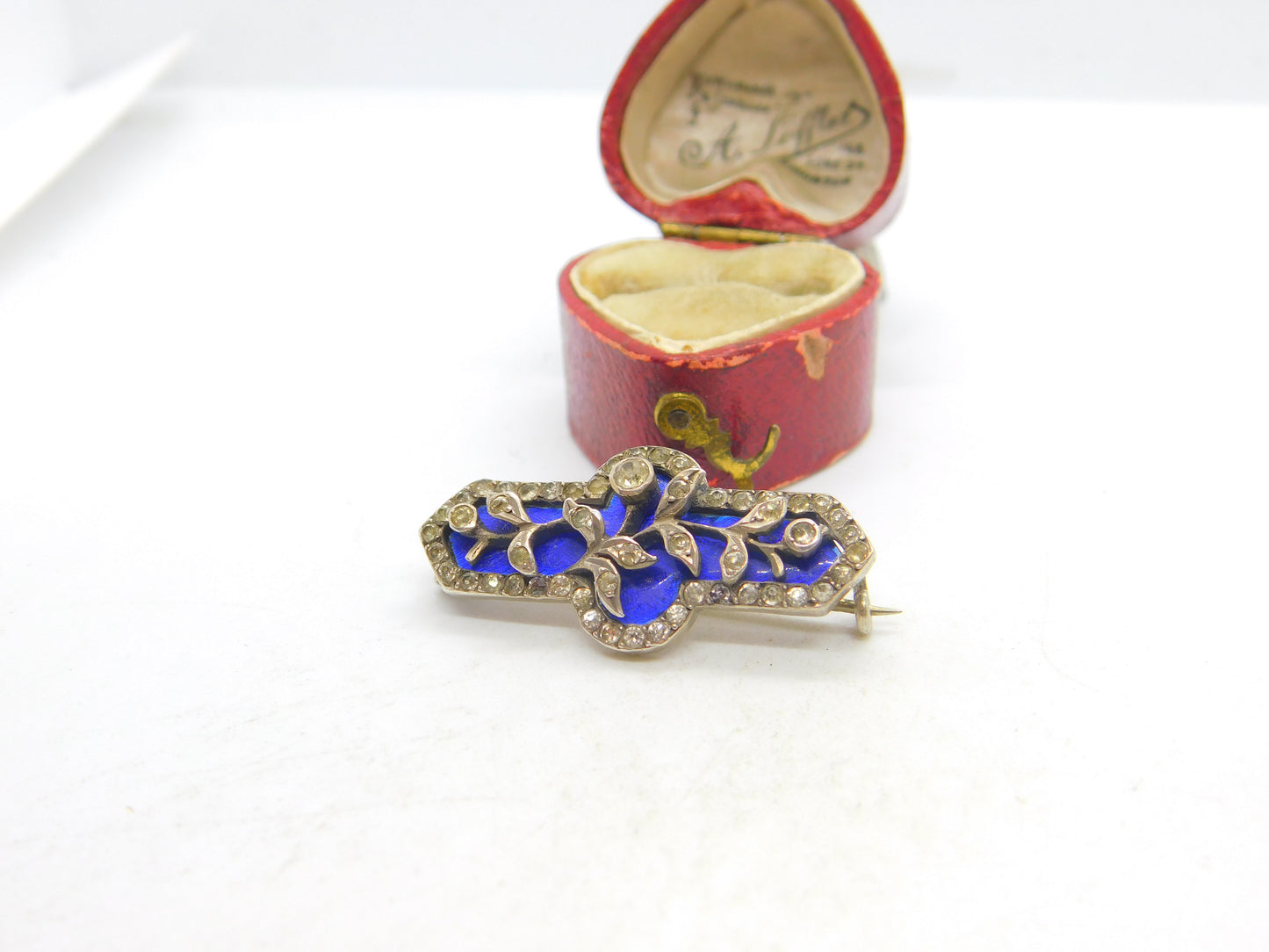 Victorian Sterling Silver, Diamond Paste & Blue Enamel Floral Brooch c1860