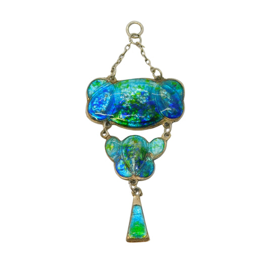 Art Nouveau Sterling Silver Blue-Green Guilloche Enamel Drop Pendant Antique c1910