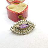Edwardian Sterling Silver, Seed Pearl & Amethyst Brooch Antique c1910