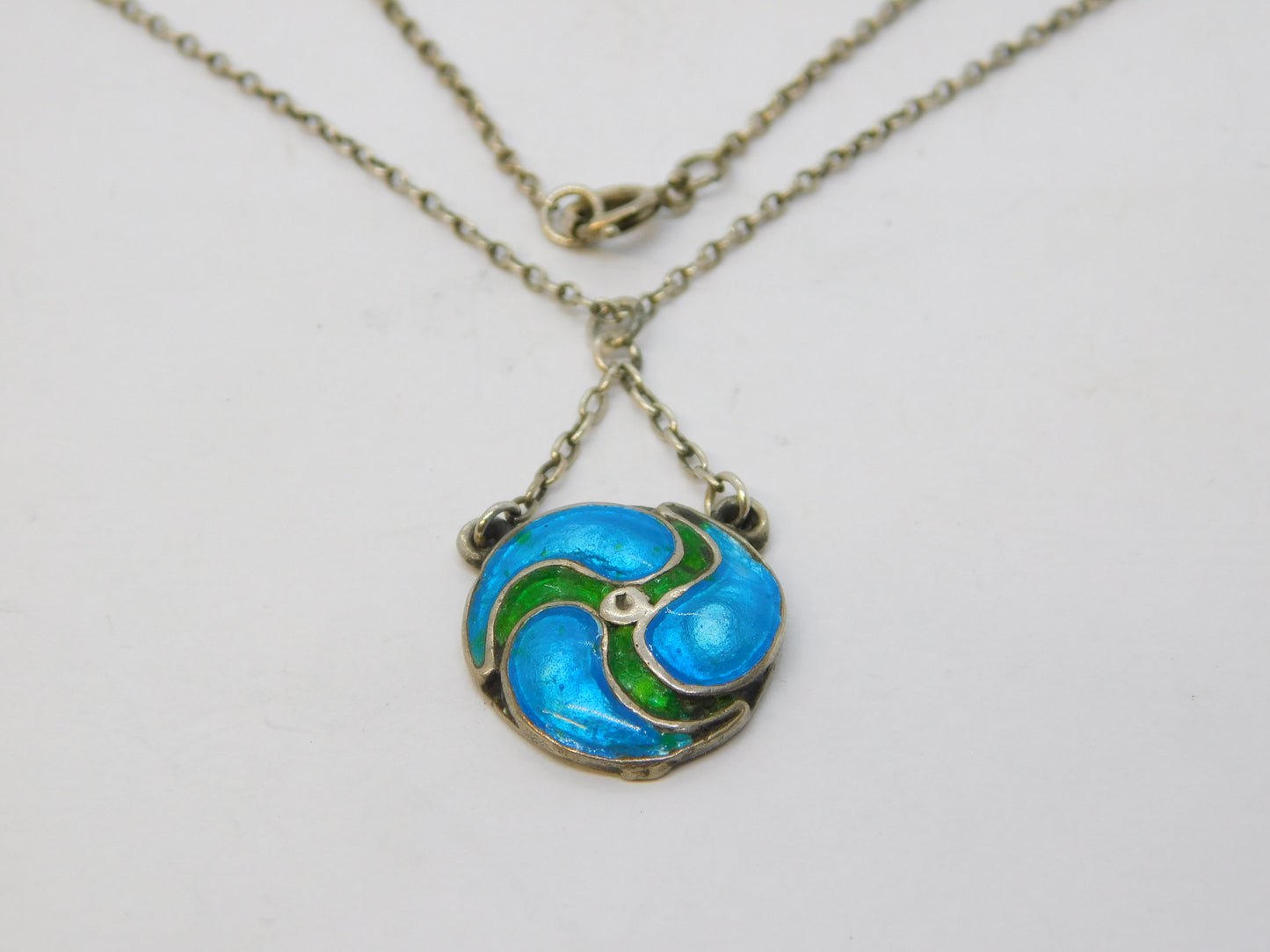 Art Nouveau Sterling Silver Blue-Green Guilloche Enamel Pendant Necklace Antique c1890