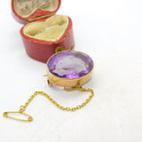 Victorian 9ct Yellow Gold & Faceted Amethyst Button Brooch Antique c1850