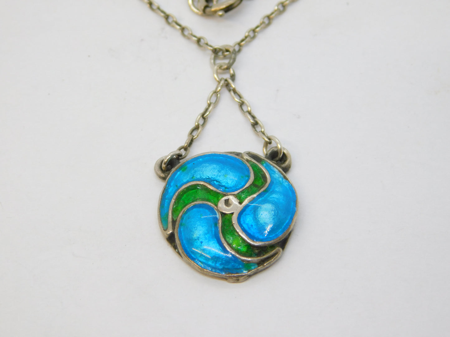 Art Nouveau Sterling Silver Blue-Green Guilloche Enamel Pendant Necklace Antique c1890