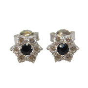18ct White Gold, Diamond & Sapphire Floral Stud Earrings Vintage c1970s