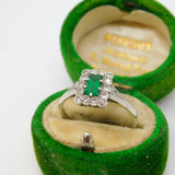18ct White Gold, 0.2ct Emerald & Diamond Engagement Ring Antique c1920 Art Deco