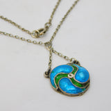 Art Nouveau Sterling Silver Blue-Green Guilloche Enamel Pendant Necklace Antique c1890