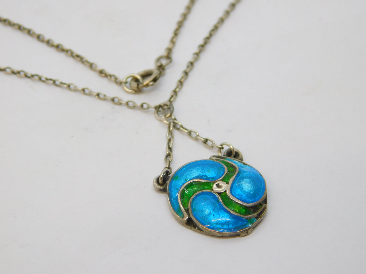 Art Nouveau Sterling Silver Blue-Green Guilloche Enamel Pendant Necklace Antique c1890