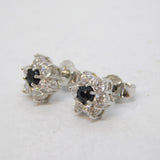 18ct White Gold, Diamond & Sapphire Floral Stud Earrings Vintage c1970s