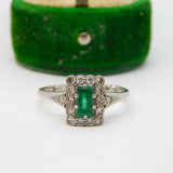18ct White Gold, 0.2ct Emerald & Diamond Engagement Ring Antique c1920 Art Deco