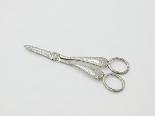 Victorian Sterling Silver Floral Pattern Grape Scissors 1889 Sheffield Antique