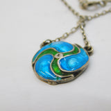 Art Nouveau Sterling Silver Blue-Green Guilloche Enamel Pendant Necklace Antique c1890