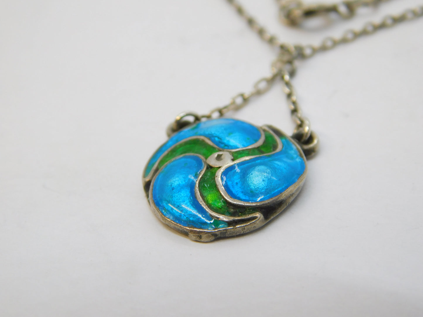 Art Nouveau Sterling Silver Blue-Green Guilloche Enamel Pendant Necklace Antique c1890