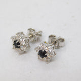 18ct White Gold, Diamond & Sapphire Floral Stud Earrings Vintage c1970s
