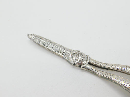 Victorian Sterling Silver Floral Pattern Grape Scissors 1889 Sheffield Antique