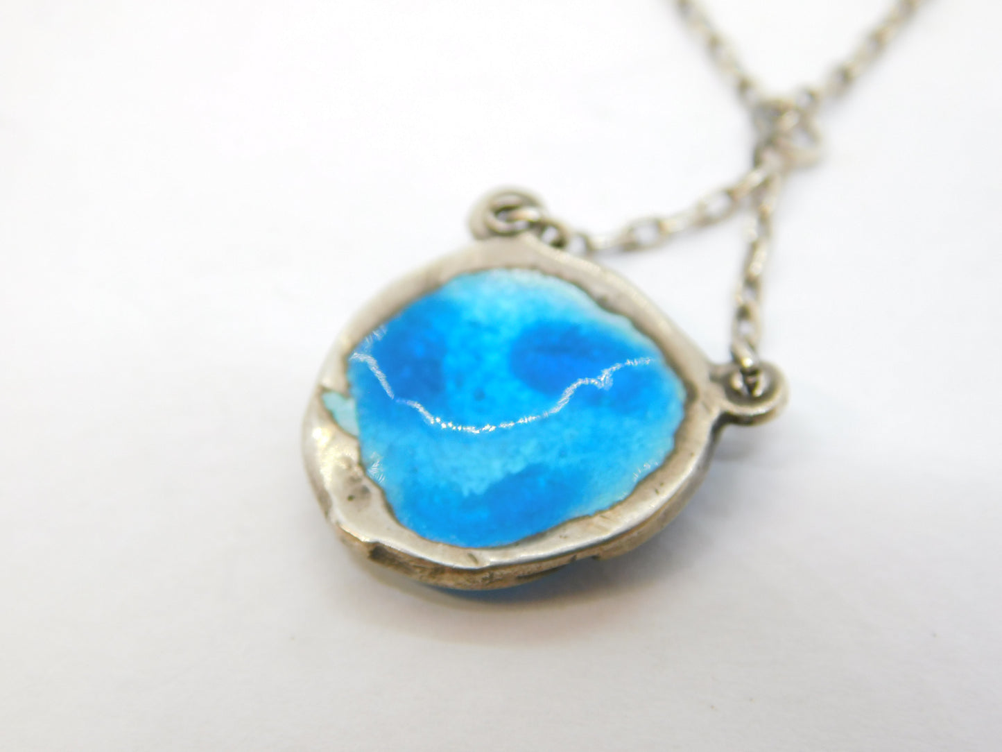 Art Nouveau Sterling Silver Blue-Green Guilloche Enamel Pendant Necklace Antique c1890