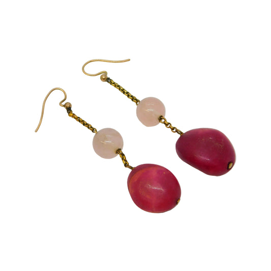 9ct Rose Gold Natural Red Quartz & Rose Quartz Drop Earrings Antique c1920