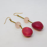 9ct Rose Gold Natural Red Quartz & Rose Quartz Drop Earrings Antique c1920